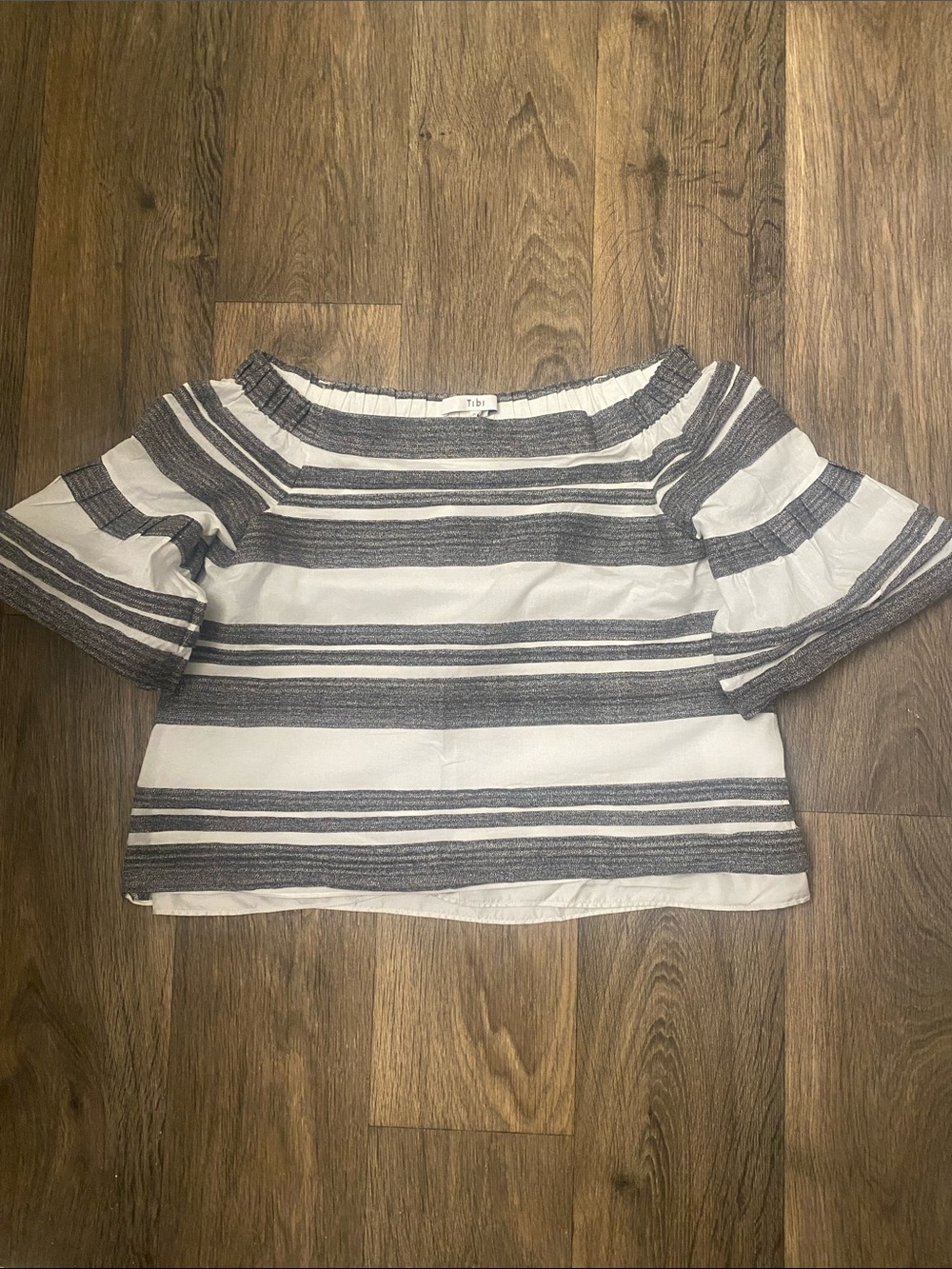 Tibi White and Navy Striped Off-Shoulder Crop Top